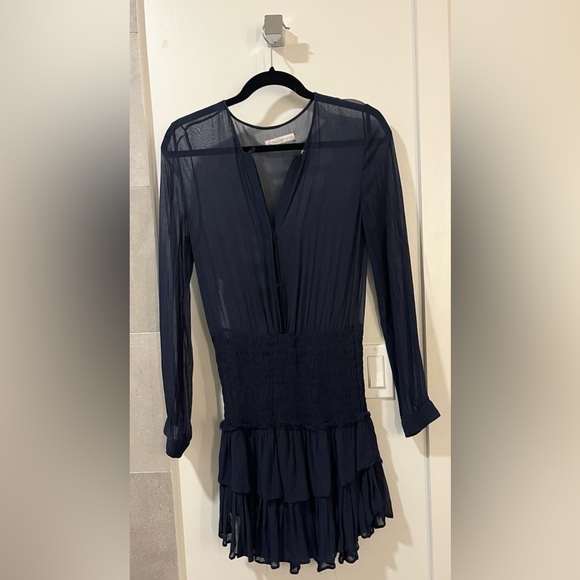 Paul & Joe Smocked Ruffle Mini Dress Navy Blue Size S - Picture 2 of 7